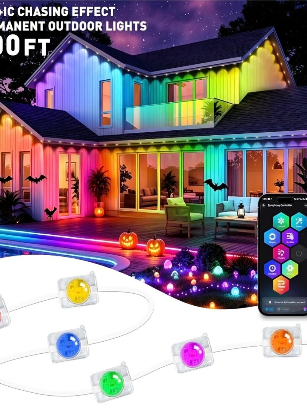 400FT Smart Permanent Outdoor Lights, RGB+IC Eave Outdoor Lights.